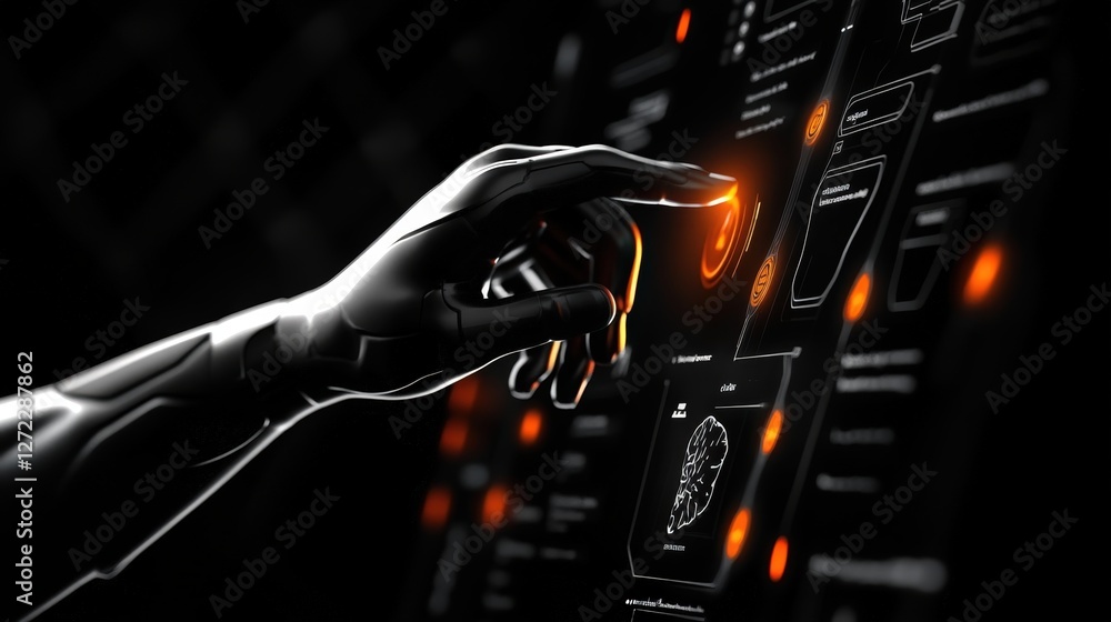 Poster a close-up of a robotic hand interacting with a futuristic interface. the hand selects glowing butto
