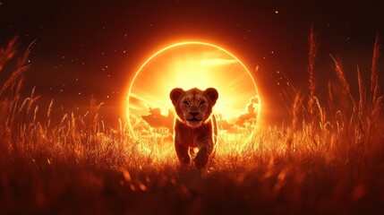 Lion Cub Sunset Majesty: A Fiery African Savannah Scene