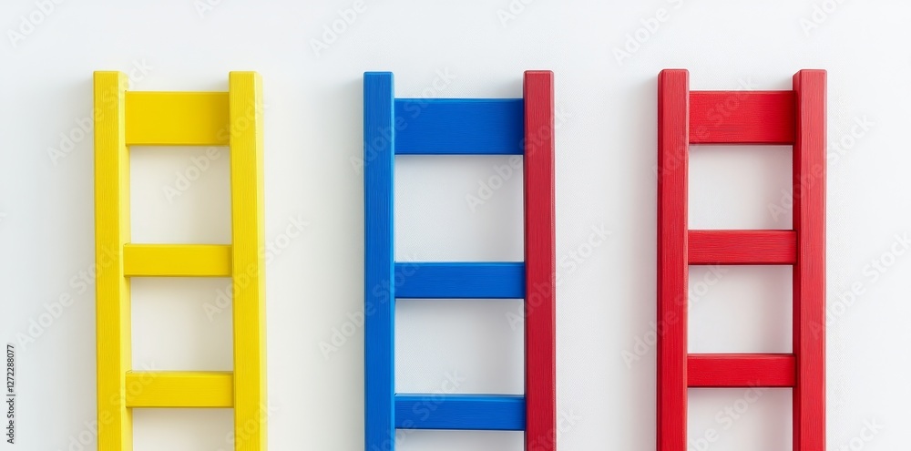 Poster a 3d rendering of a modern ladder resting against a white wall, depicted with its shadow. the set co