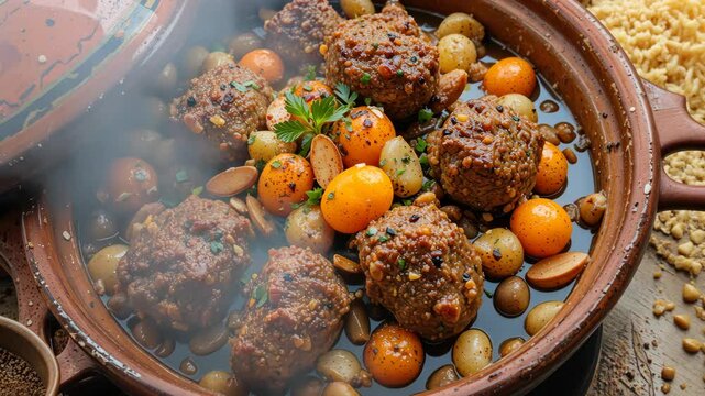 Delicious Moroccan Tagine with Meatballs, Almonds, and Kumquats