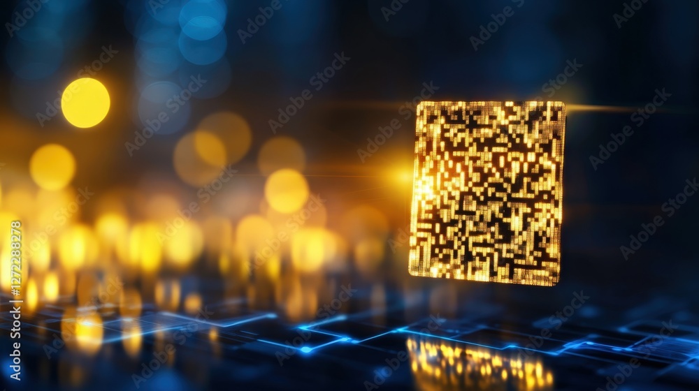 Poster a close-up of a glowing qr code against a blurred background of golden lights, symbolizing digital i