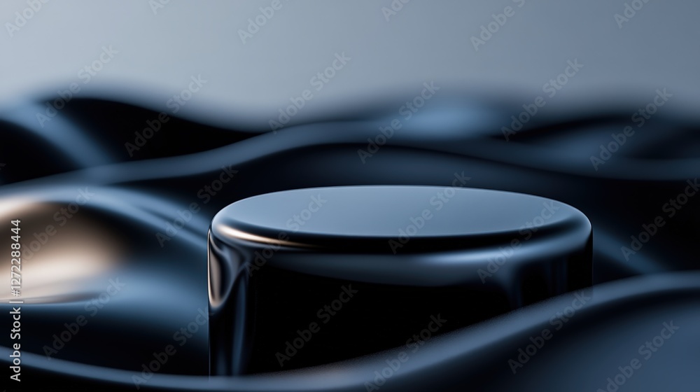 Poster a close-up of a glossy black button set against a backdrop of smooth, flowing waves