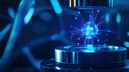 A close-up of a futuristic microscope focusing on an energy particle, showcasing blue light and advanced technology elements in a scientific laboratory. Innovative and captivating.