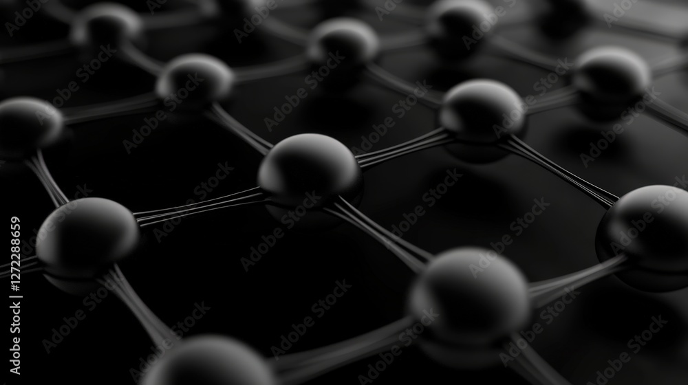 Poster a close-up image showcasing a detailed structure of interconnected black spheres and lines, represen