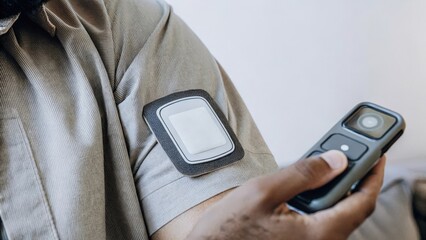 A detailed view of a skin patch device providing realtime health monitoring capturing sensors that read biometric data and display it on a handheld device emphasizing advanced