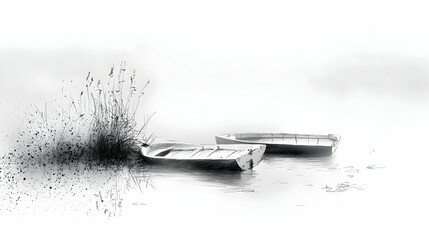 Misty lake, two boats moored, reeds foreground, tranquil scene, peaceful design