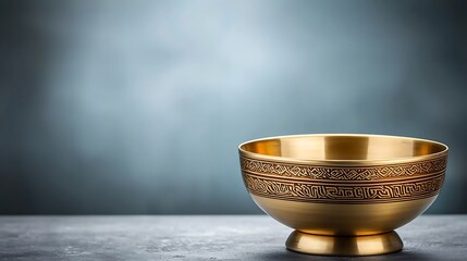 Elegant golden bowl with intricate design on a textured surface against a soft blue background