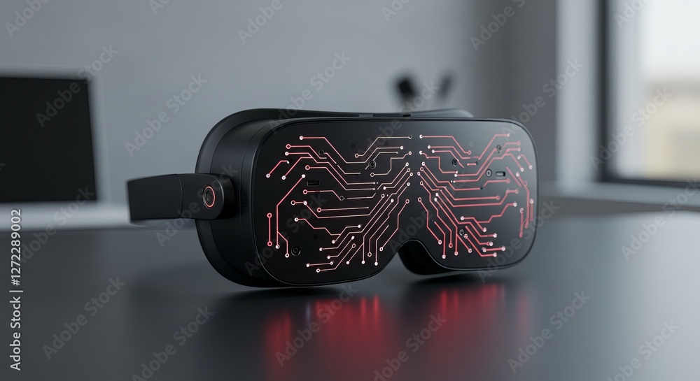Poster futuristic black vr headset with circuit design on table in modern office setting