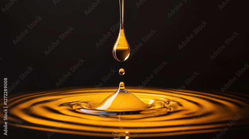 Poster a close-up image capturing a single droplet of golden oil gracefully falling into a pool, creating r