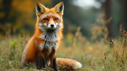 Fototapeta premium Red fox sitting gracefully in a lush forest clearing