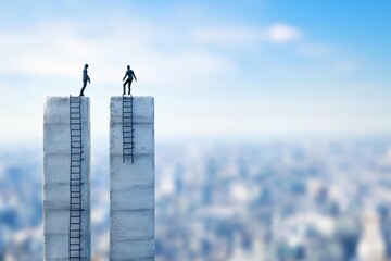 The businessman climbs to the apex of the tallest ladder, reaching new horizons, against a slightly out-of-focus city backdrop