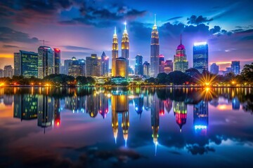 Fototapeta premium Kuala Lumpur Skyline Silhouette Reflection - Stunning Night Cityscape