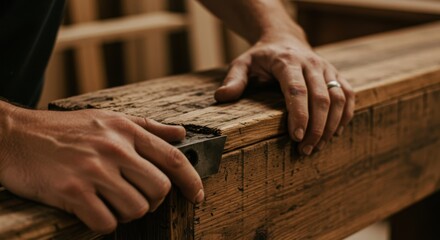 Skilled hands crafting rustic wood with precision in artisan workshop