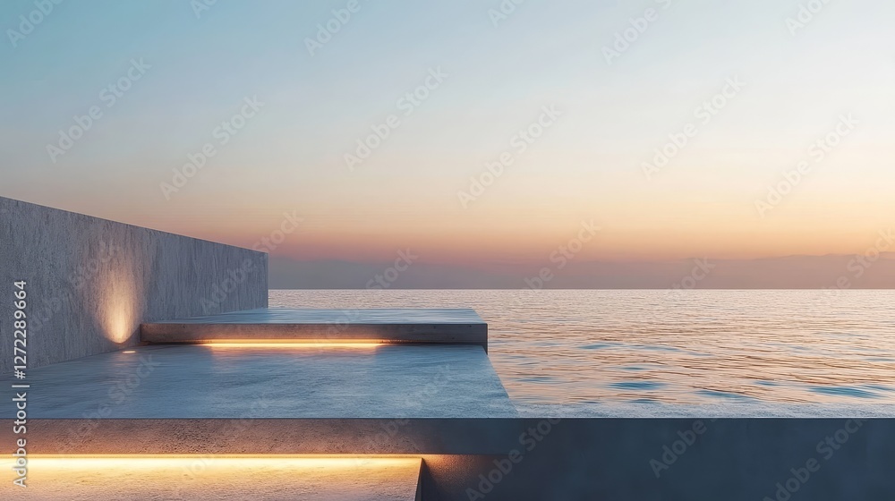 Poster photorealistic depiction of minimalistic layered triangular platforms softly glowing against a clear