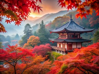Naklejka premium Kyoto Autumn Leaves Long Exposure Photography - Red Maple Trees & Temples