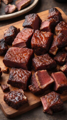 Delicious bite-sized pieces of meat, cooked to perfection, showcase a mouthwatering combination of tenderness and rich, savory flavors.