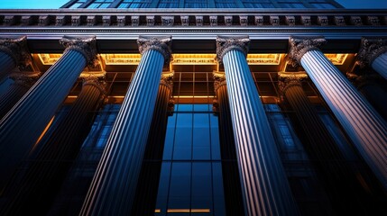 Obraz premium A captivating view of classical architecture featuring grand columns and a modern facade, illuminated at dusk, showcasing the blend of tradition and innovation in urban design.