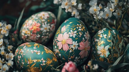 Close-up of Easter eggs with floral patterns