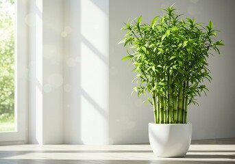 Bamboo Plant in Minimalist White Pot with Sunlight
