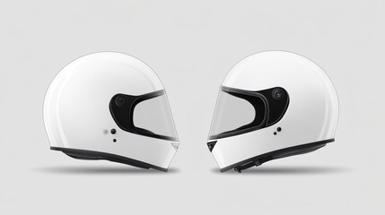 Fototapeta premium Two white motorcycle helmets, side view, neutral background, mock-up for product presentation, promotional material