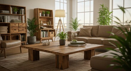 Cozy modern living room with wooden furniture and abundant greenery