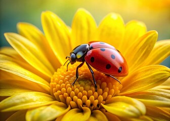 Obraz premium Ladybug on Yellow Flower, Macro Photography, Summer Bloom, Detailed Insect, Nature Close-up