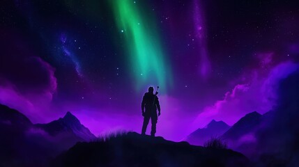 Fototapeta premium A captivating silhouette of a person against a vibrant night sky filled with colorful auroras. This image evokes a sense of wonder and exploration in the great outdoors.