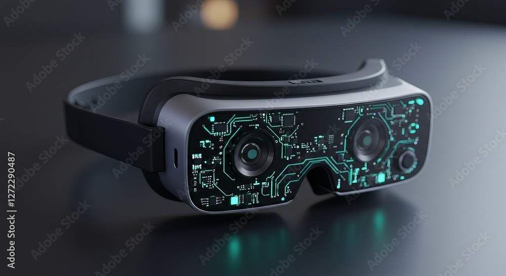 Poster futuristic virtual reality headset with digital circuitry design on table
