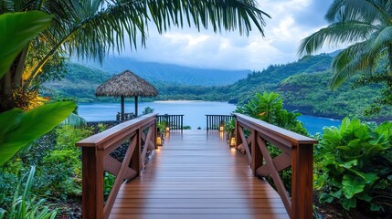 Wooden walkway leads to tranquil tropical bay view