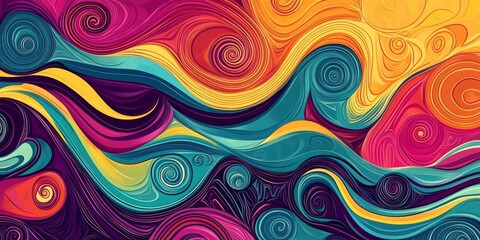This vibrant artwork features intricate swirling patterns and bold colors inspired by 60s and 70s psychedelic art, perfect for enhancing any creative project or home decor with its unique design