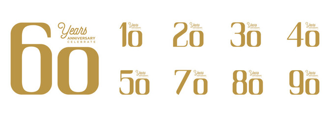 set of 10 to 90 anniversary logo styles flat gold color on white background for celebration,greetings