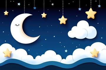 Sleepy Crescent Moon Stars Clouds Night Sky