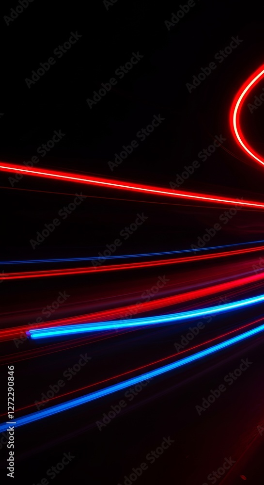 Poster dynamic red and blue light trails on dark background capturing motion and energy