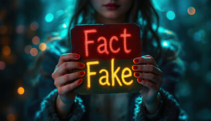 Woman holding neon sign illuminated with "fact" and "fake" in mysterious lighting setting for april fool's day concept