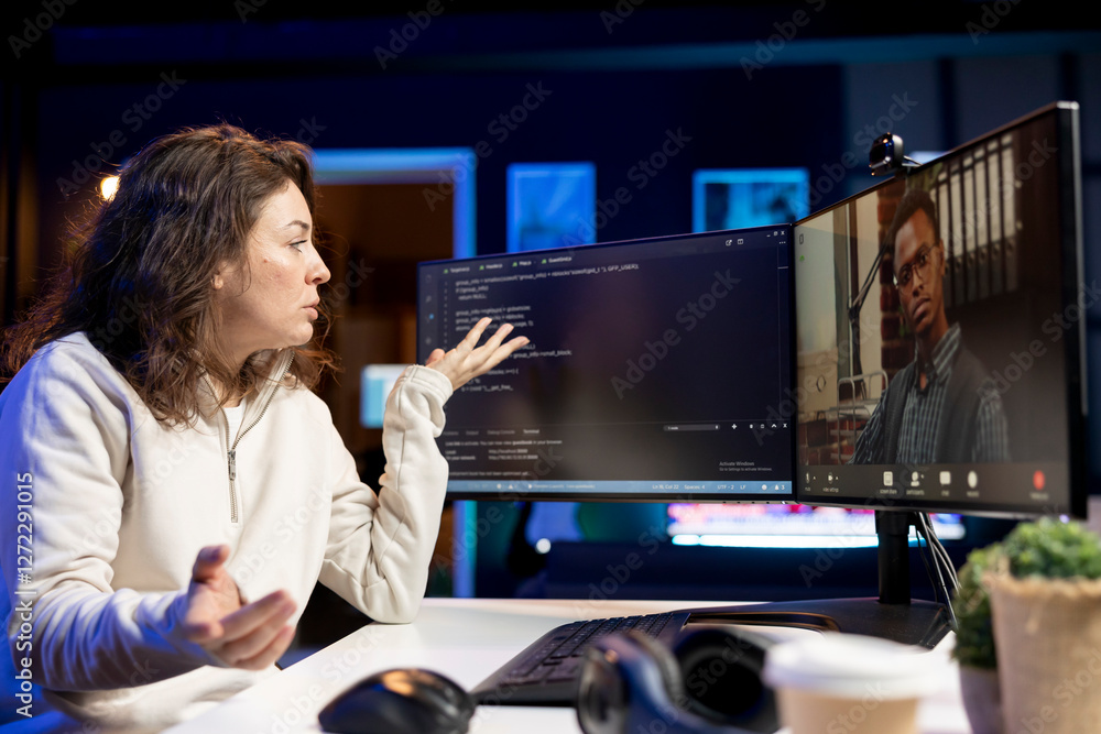 Poster software technician teacher doing online tutoring, talking with student in online videocall about wa