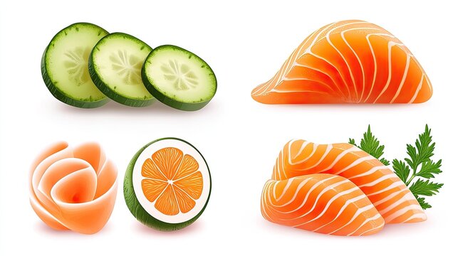 Sliced Salmon Cucumber and Orange Segments Displayed