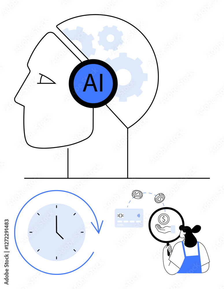Poster human head with gears and ai symbol, clock with arrow, person analyzing coin and data. ideal for ai,