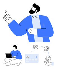 Business professional pointing upwards, person working on laptop, financial transactions with credit card and currency. Ideal for business, entrepreneurship, office work, finance, investment