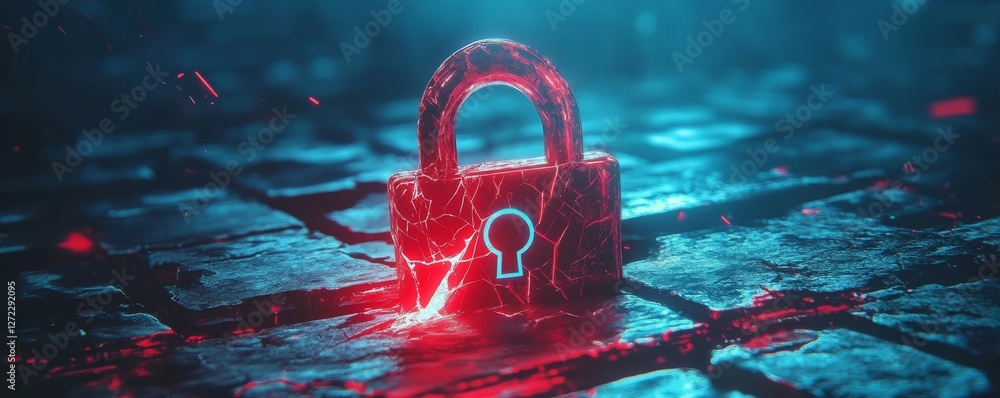 Poster hacker attack, security breach, system hacked alert with red broken padlock , cybersecurity concept