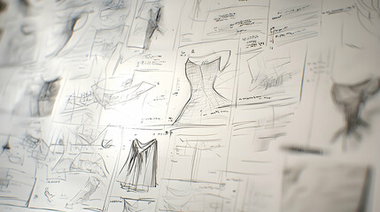Designer sketching fashion designs on paper, studio workspace, creative process, background blur