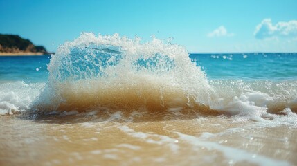 Fototapeta premium Ocean wave crashing on sandy beach under blue sky