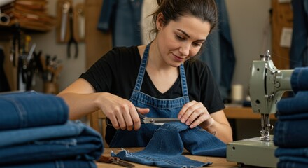 Skilled seamstress crafting denim garments in workshop with sewing machine