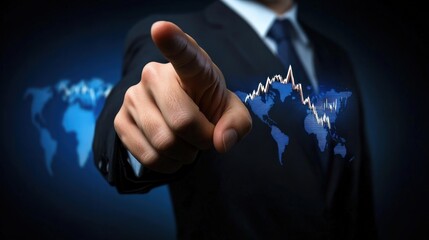 A businessman points at a digital chart, representing growth and success in the global market. The background features world maps and financial graphics highlighting the data.