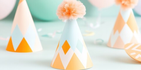 Pastel Party Hats With Pom Poms Decorate A Table