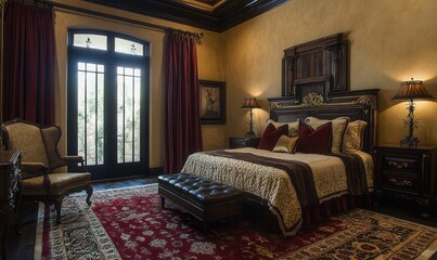 Cozy bedroom with elegant decor and large, inviting bed.