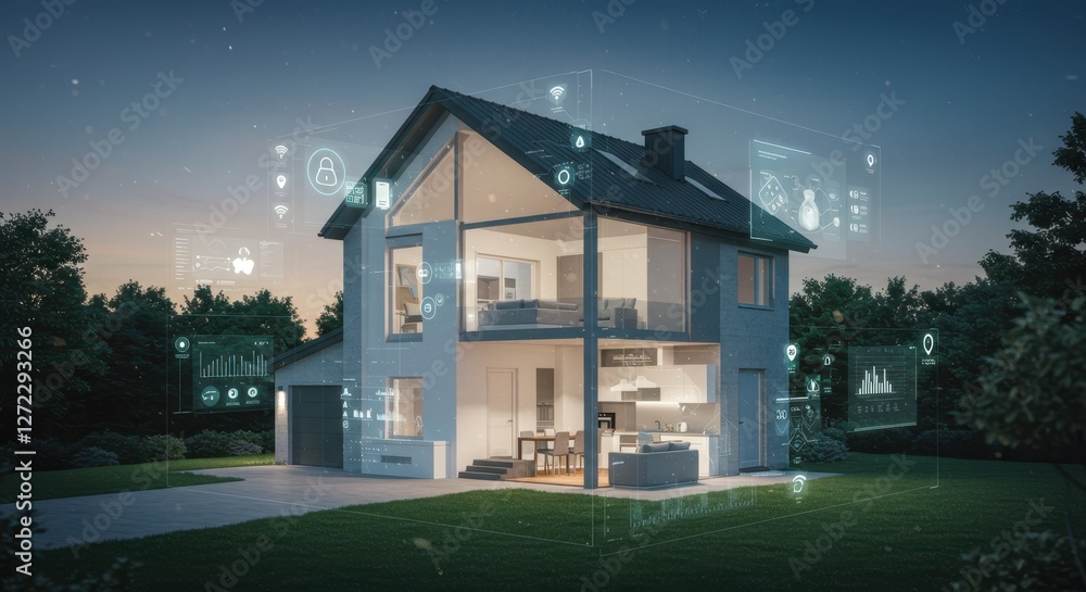 Poster modern smart home technology concept with digital interface and futuristic features