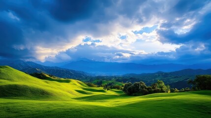 Naklejka premium A breathtaking view of rolling green hills under a dramatic sky filled with clouds. Nature's beauty is showcased in this serene landscape, perfect for any nature lover or traveler.