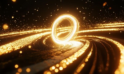 A scene with a dark backdrop showcasing a light track with golden lines on the left and a glowing white spiral in the center