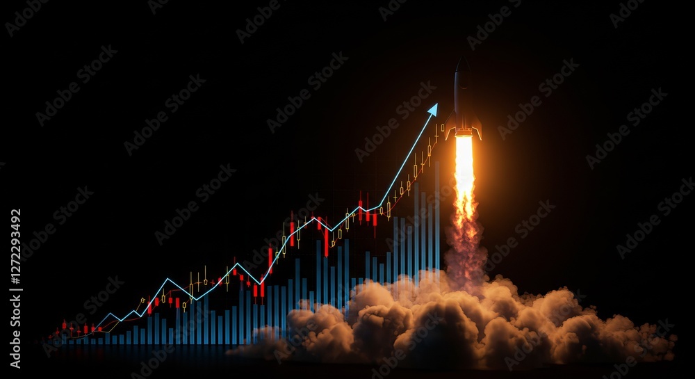Poster rocket launch with bar graphs and data analysis depicting financial growth