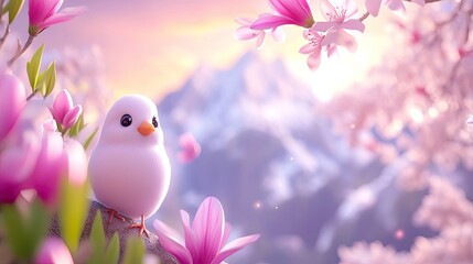 Cute White Bird Among Pink Blossoms And Mountains